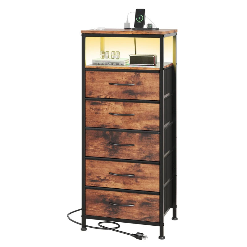5-Drawer Nightstand with Charging Station and Open Shelf – Modern Bedroom End Table