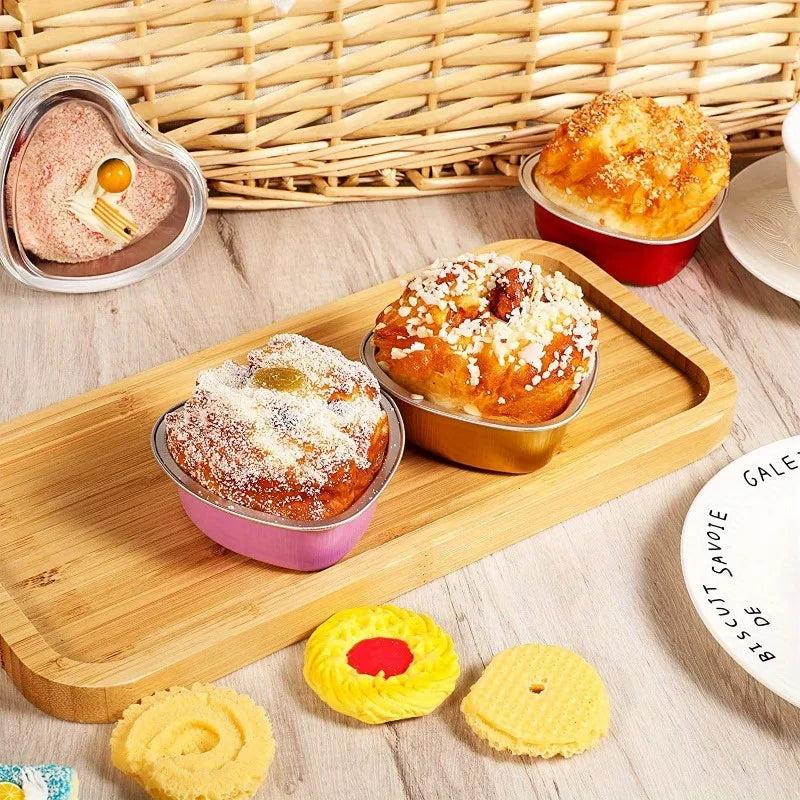 20pcs Heart-Shaped Aluminum Foil Cake Cups with Lids - Baking & Wedding Supplies