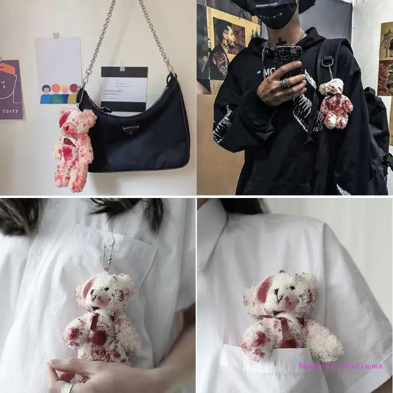 Halloween Bloody Plush Bear Keychain for Bags & Keys - Injured Animal Pendant