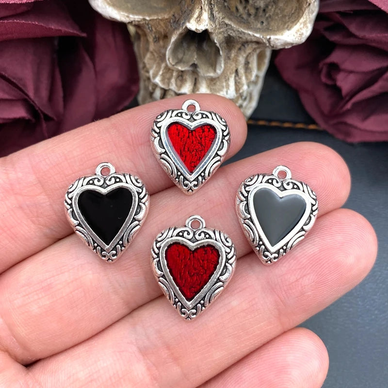 10pcs Enamel Heart Charm Pendants for Jewelry Making - Red & Black Vintage Style