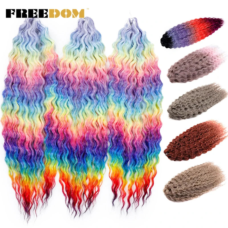Synthetic Crochet Hair Extensions 22 Inch Water Wave Ombre Rainbow Curling Braiding