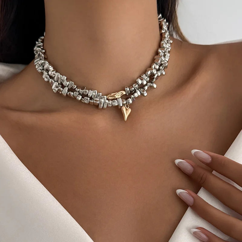 Retro Heart Shaped Pendant Necklace Multi Layer Creative Irregular String Style Girl Jewelry