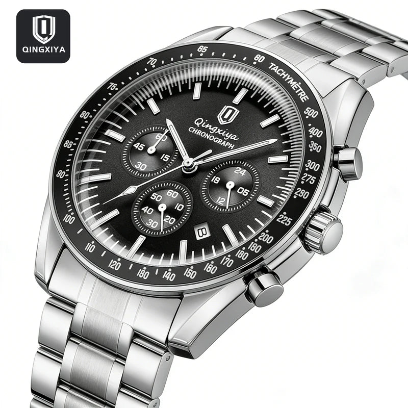 Men's Waterproof Quartz Watch with Luminous Dial and Stainless Steel Band