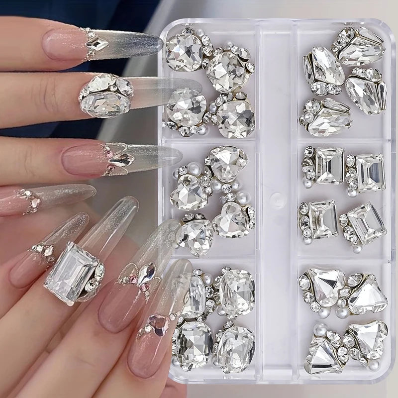6 Grids Crystal Nail Art Rhinestones Set - Heart & Square Glass Gems for DIY Nails