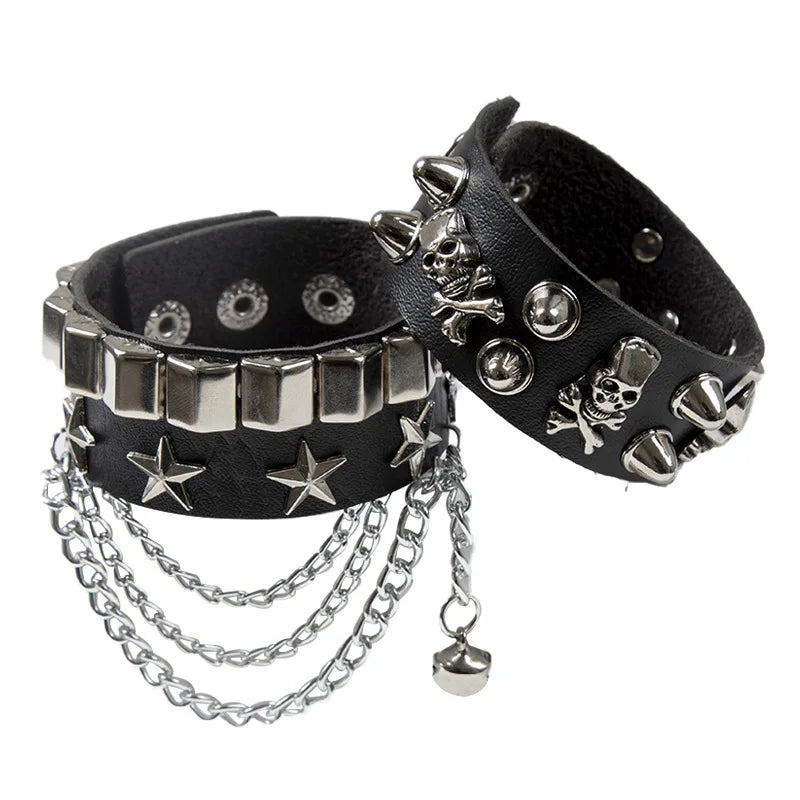 2-Pack Emo Goth Punk Leather Bracelets with Skull Rivets & Metal Chain