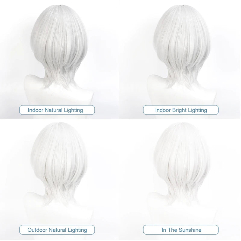 Short Straight Silver White Cosplay Wig for Anime Costumes Heat Resistant Synthetic Hair