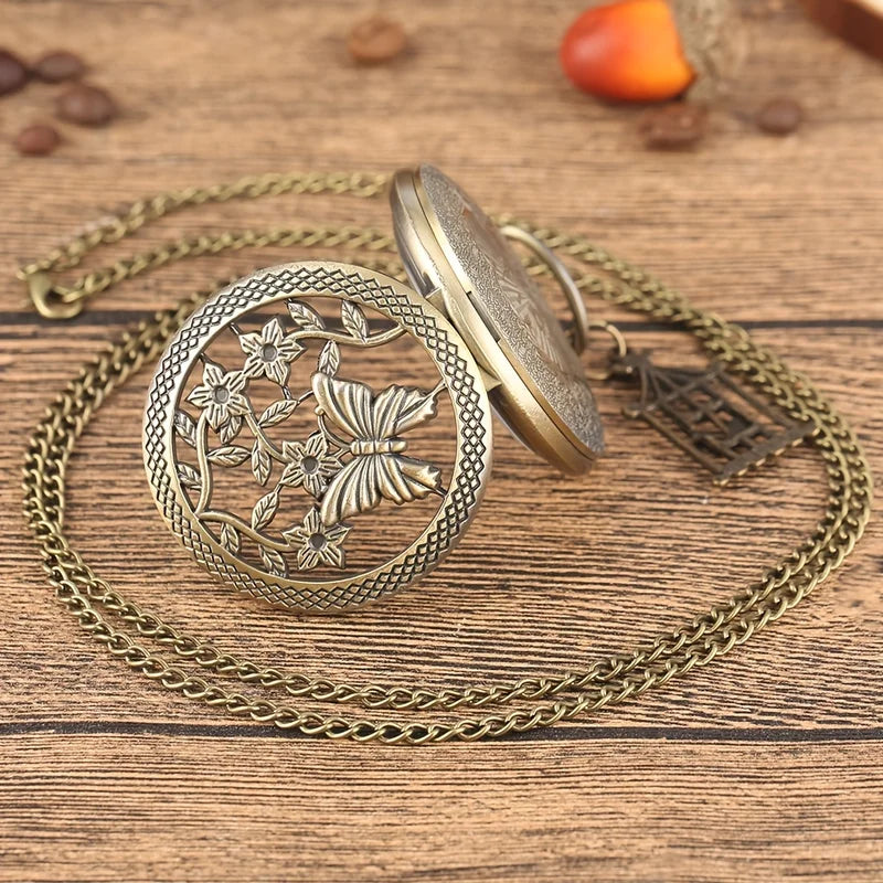 Vintage Bronze Butterfly Pocket Watch with Birdcage Pendant and Necklace Chain – Men Women Gift