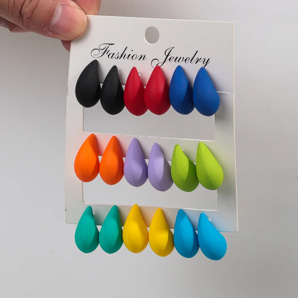 9-Pair Acrylic Waterdrop Earrings Set - Colorful Matte Tear Drop Jewelry for Women