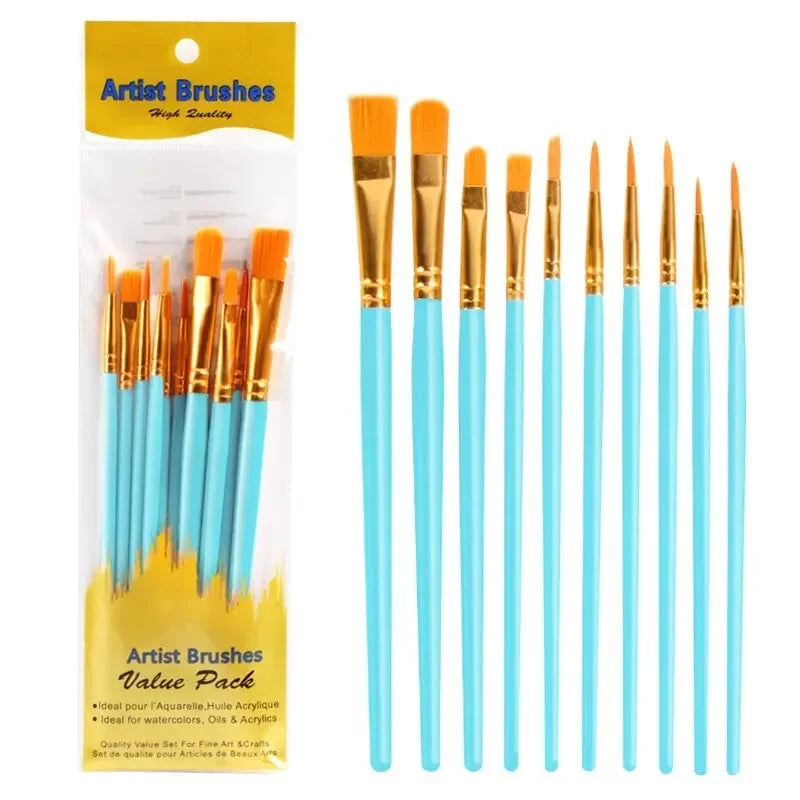 10-Piece Paint Brush Set - Nylon Hair Art & Craft Brushes for Acrylic, Watercolor, Oil, Nail & Face Painting