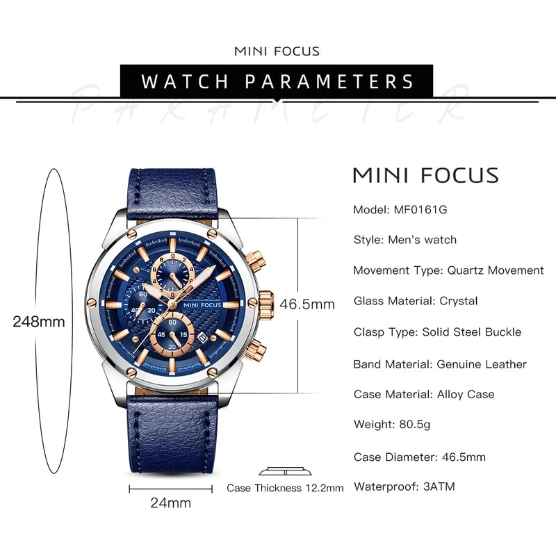 Mini Focus Business Quartz Watch for Men Waterproof Luminous Chronograph Leather Strap