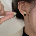 Korean Style Black Zircon Stud Earrings for Women Geometric Rhinestone Jewelry