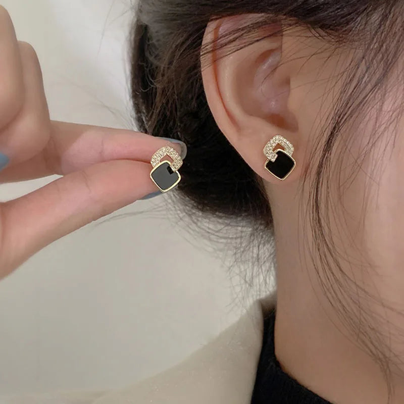 Korean Style Black Zircon Stud Earrings for Women Geometric Rhinestone Jewelry