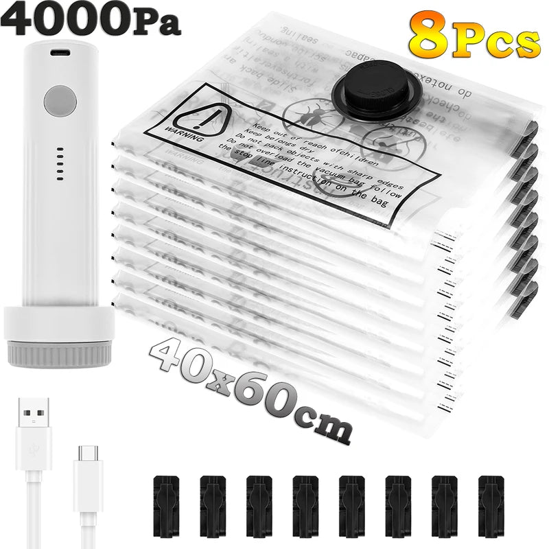 8Pcs Vacuum Storage Bags with USB Electric Pump - Rapid Compression & Leakproof Lock