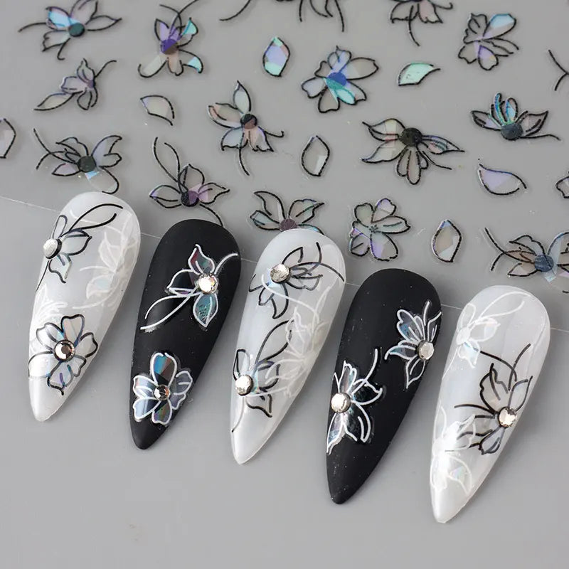 2pcs 3D Black White Flower Nail Art Decals Stickers for Manicure