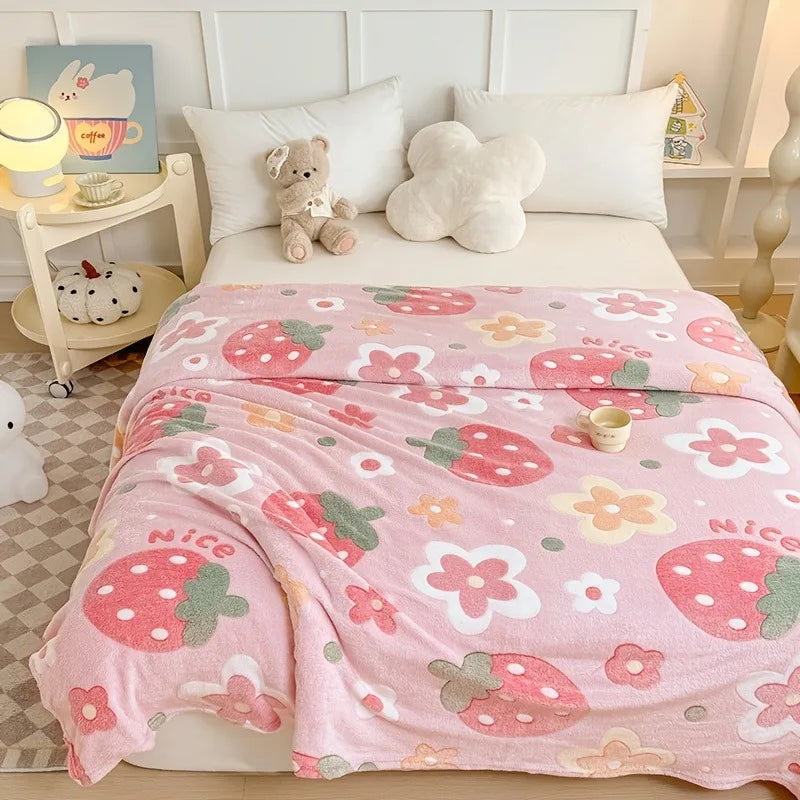 All-Season Flannel Throw Blanket with Pink Strawberry Flower Design - Soft & Washable