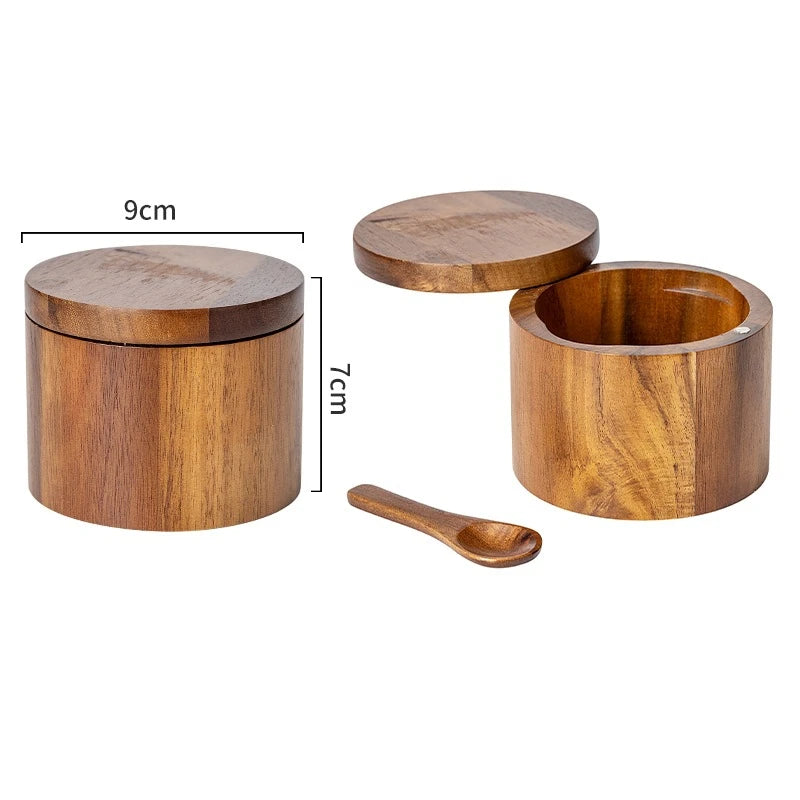 Acacia Wood Salt and Pepper Bowl Set with 360° Swivel Lid and Spoon - Kitchen Seasoning Container
