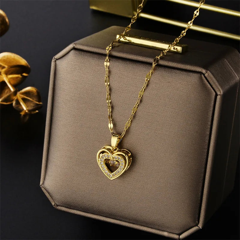 Cute Heart Pendant Necklace for Women Stainless Steel Clavicle Chain Wedding Jewelry