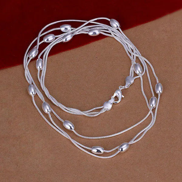 925 Sterling Silver Fringed Beaded Chain Bracelets & Necklace Jewelry Set for Women