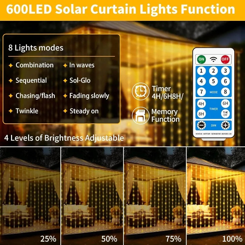 Outdoor Solar Curtain String Lights 3x3M 600 LEDs Holiday & Party Decor