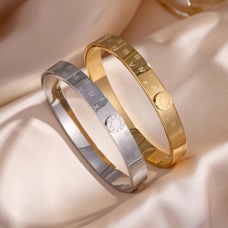 Minimalist Roman Numerals Stainless Steel Bracelet Set for Women - Waterproof Jewelry Gift