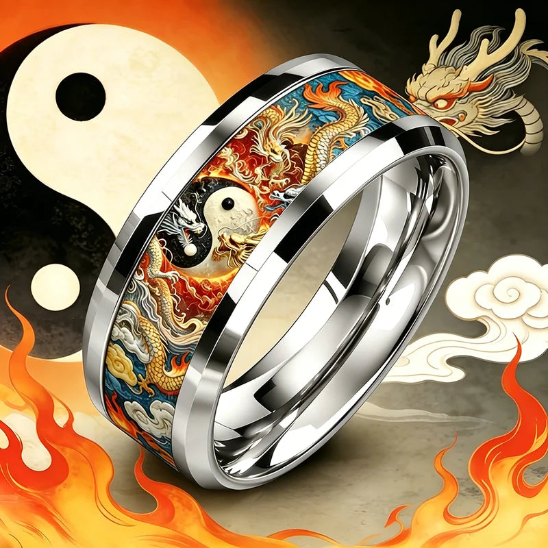 Men's Stainless Steel Yin Yang Dragon Pattern Ring - Wedding Party Jewelry
