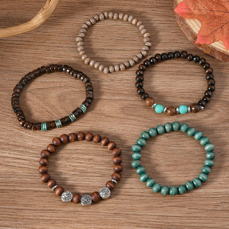 Vintage Ethnic Wooden Beaded Bracelets for Men Multi-Layer Jewelry with Turquoise and Nature Stones