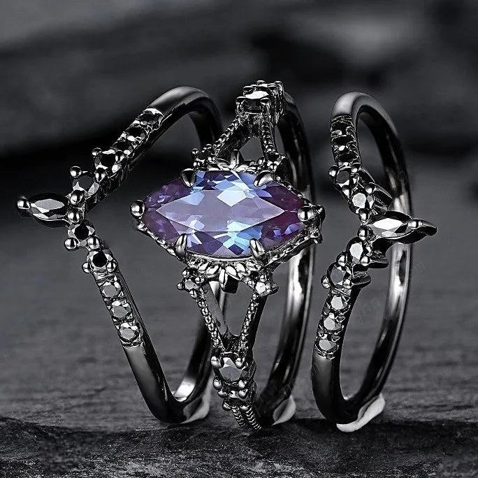 Vintage Black Geometric Zircon Women's Ring Set - Engagement Party Jewelry