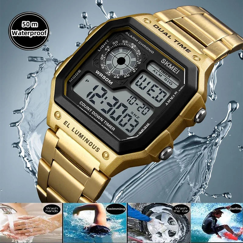 Digital Sports Watch Men Waterproof Dual Time Zone Stainless Steel Band