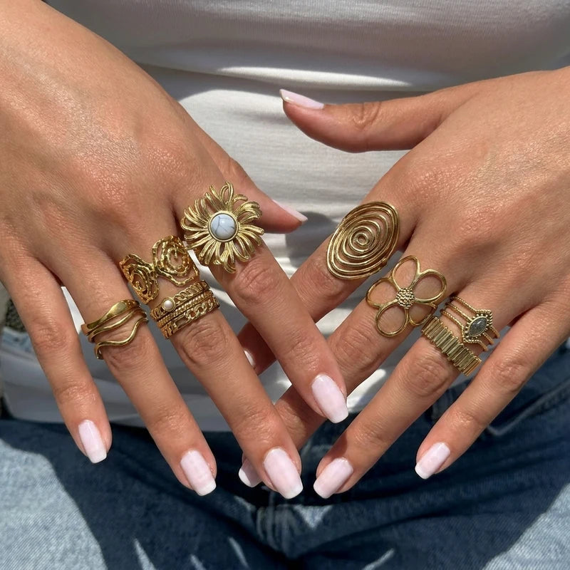 Vintage Geometric Stainless Steel Rings Set for Women Irregular Natural Stone Jewelry