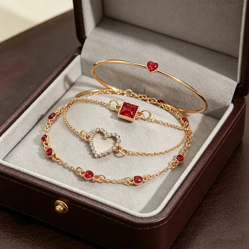Fashion Layered Bracelet Set with Heart and Square Pendants - Adjustable Jewelry for Women