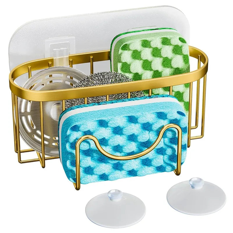 Stainless Steel Sink Sponge Holder with Suction Cups & Hook - Fast Drainage Kitchen Organizer