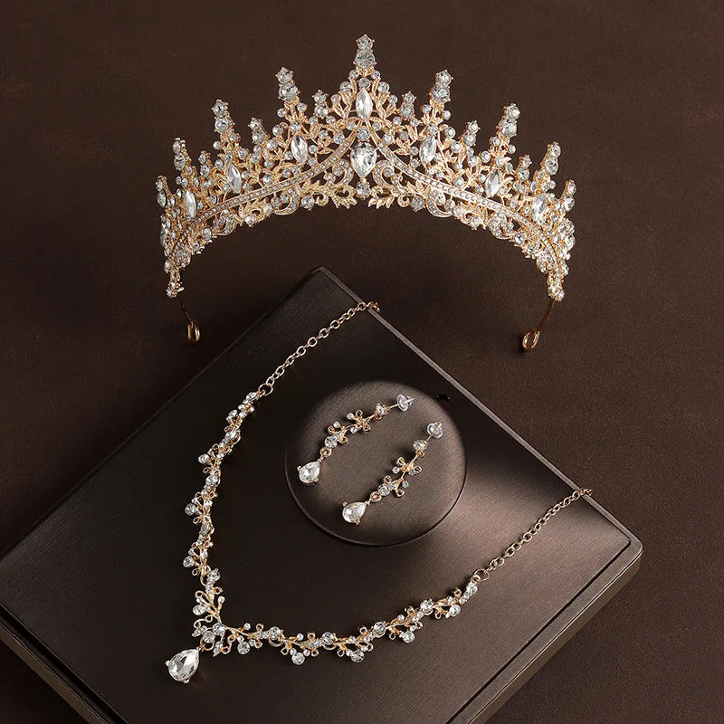 Bridal Wedding Jewelry 4-Piece Set with Crystal Crown Necklace & Earrings - Women's Classic Tiaras
