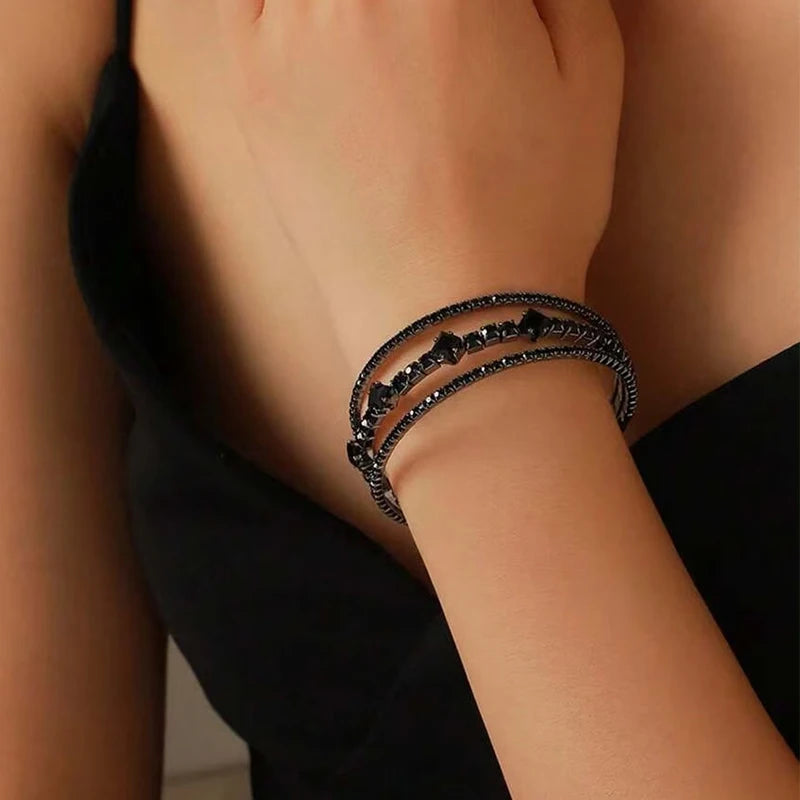 Gothic Black Open Ended Elastic Bracelet for Women 3-Row Zirconia Inlaid Copper Jewelry