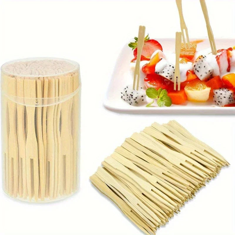 Disposable Bamboo Fruit Forks - 9cm Double Prong Cocktail Forks, 100 or 500 pcs