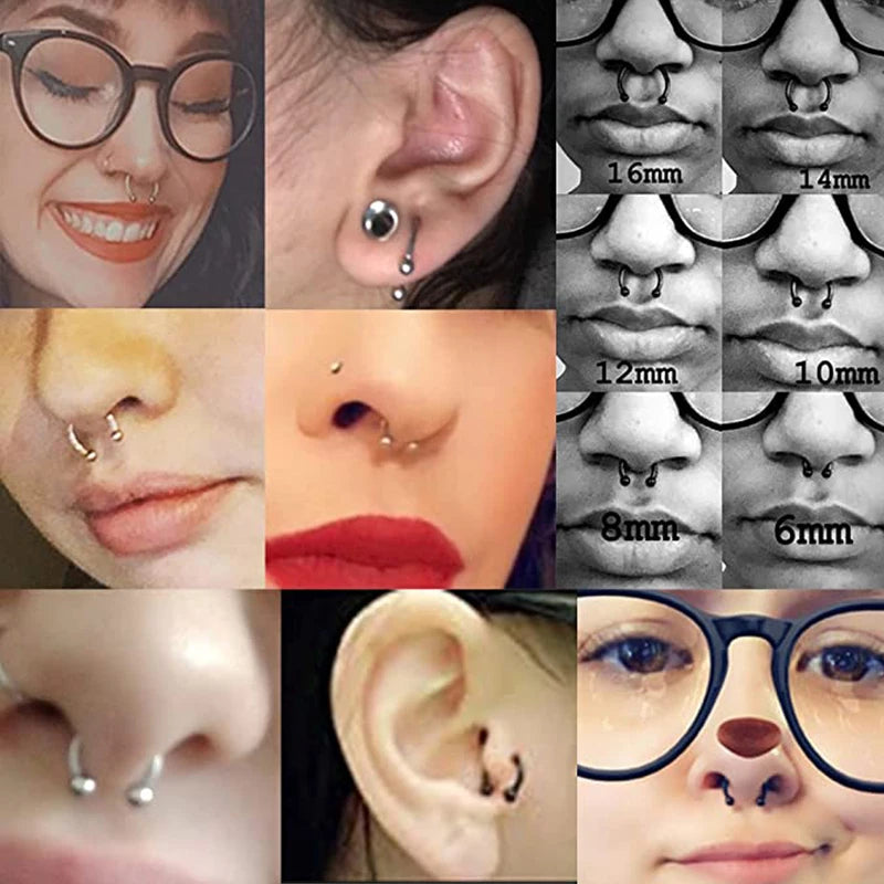12Pcs Stainless Steel Nose & Septum Rings Body Piercing Jewelry 6MM-16MM Black Silver