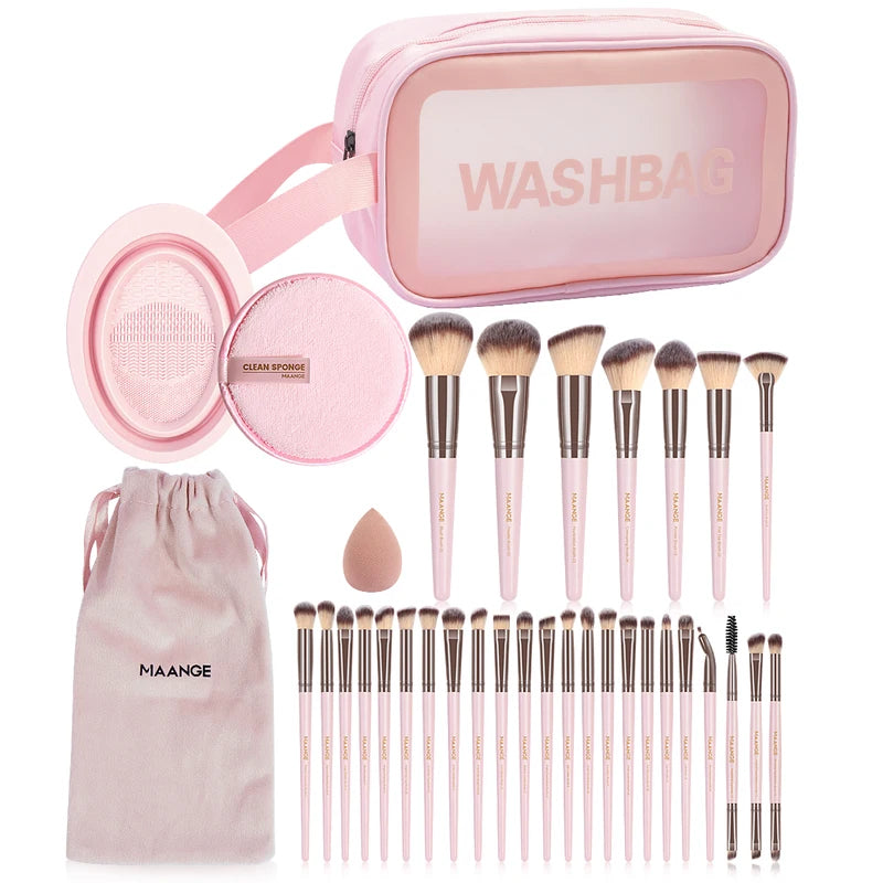 34-Piece Makeup Tools Kit with Brush, Sponge, Remover & Bag - Multiple Colors