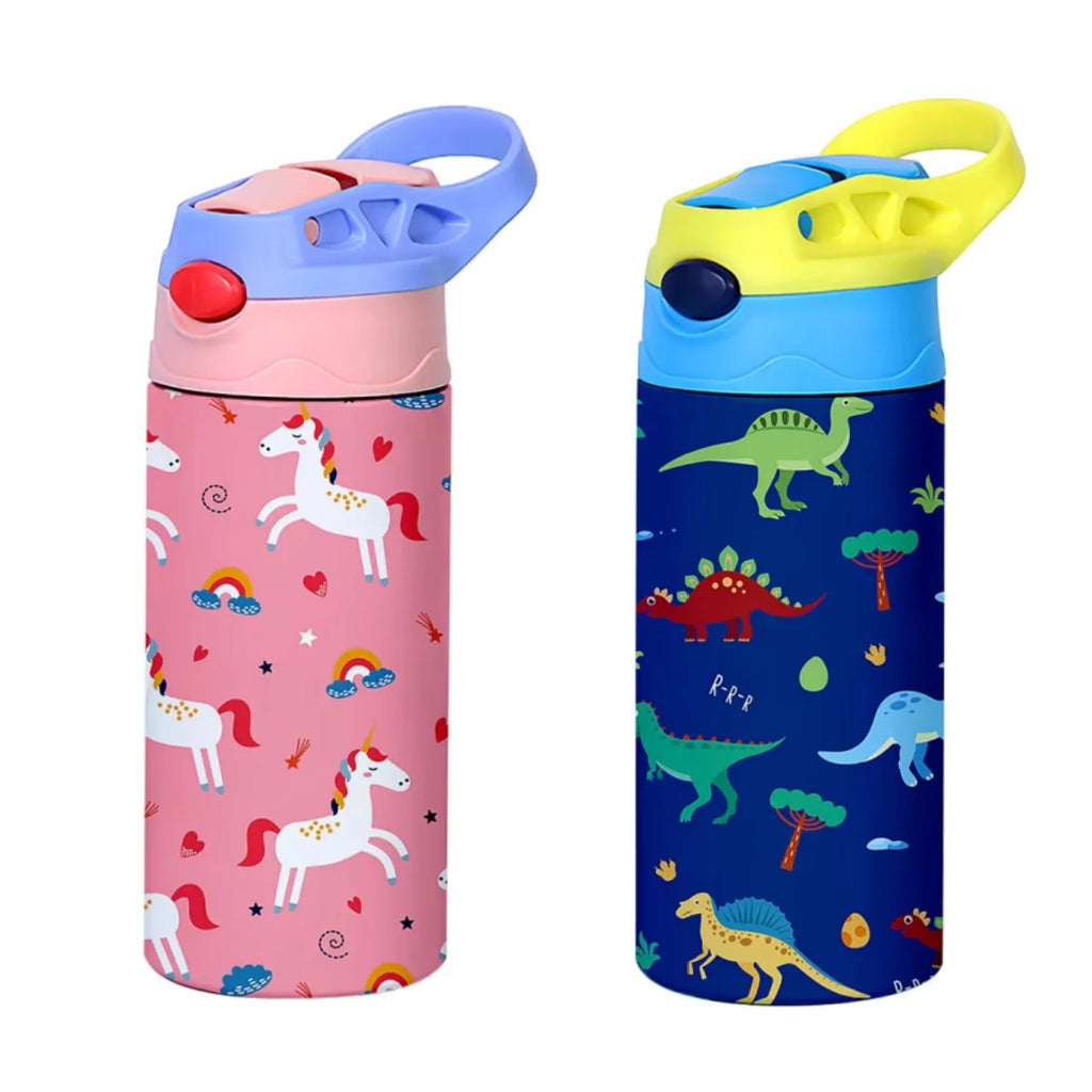 350ml Insulated Cartoon Kids Water Bottle with Straw - Animal Pattern Thermos Mug