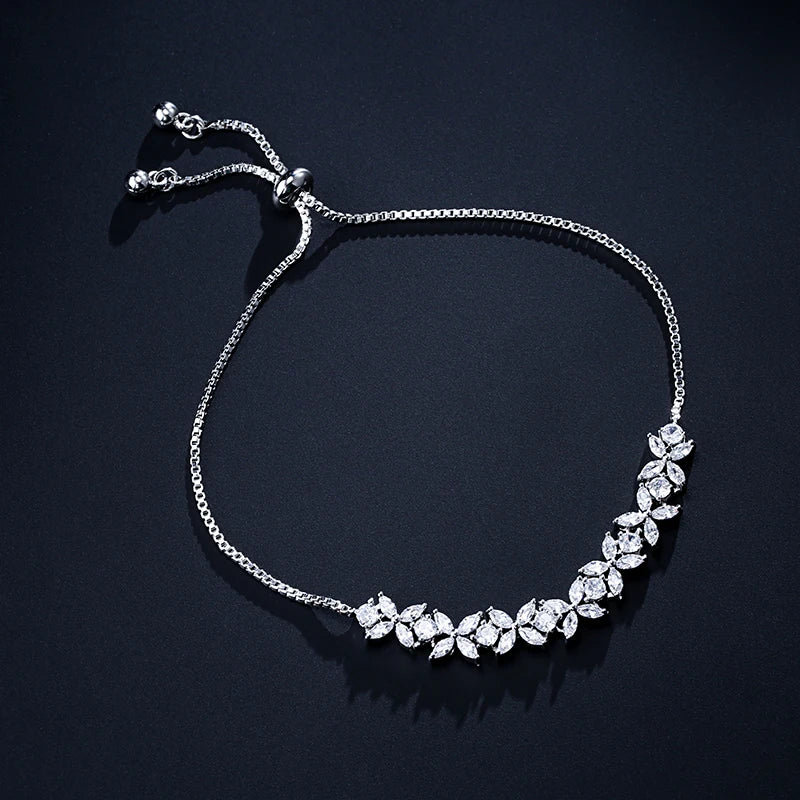 Adjustable Zircon Flower Charm Bracelet for Women - Silver, Gold & Green Variants
