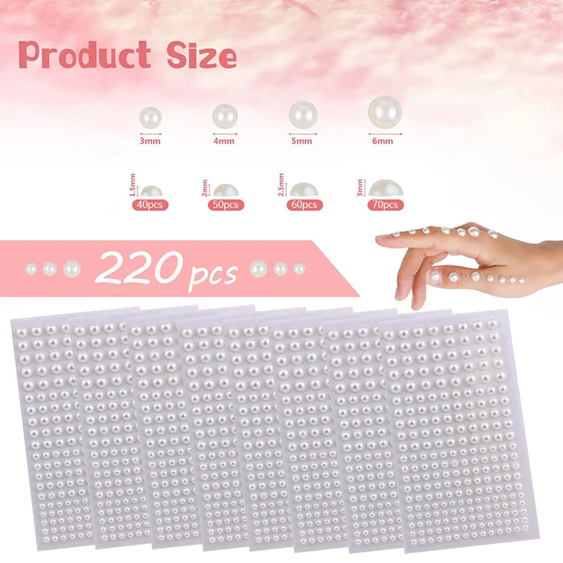 Self Adhesive Pearl Stickers for Hair Face Makeup Nail Art - 220pcs