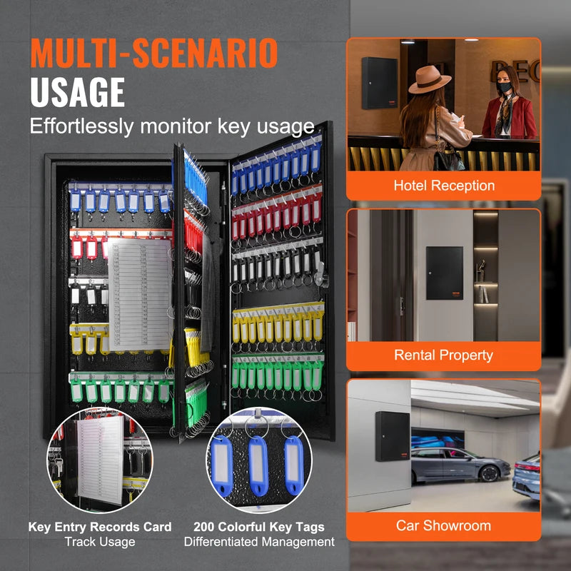Large 48/100/200-Key Steel Locking Cabinet with Adjustable Racks Security Organizer