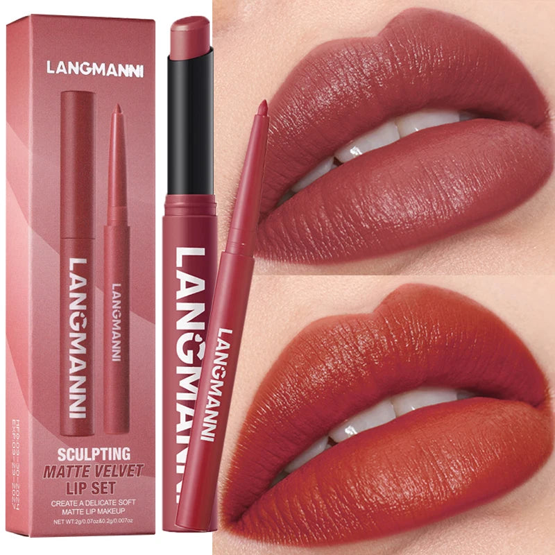 2Pcs Matte Lipstick & Lip Liner Set Long-Lasting Waterproof Lip Makeup