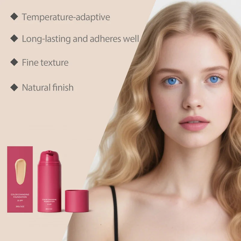 Color Changing Foundation with Long-Lasting Bright Finish - 30g, Natural Skin Tone Adaptation