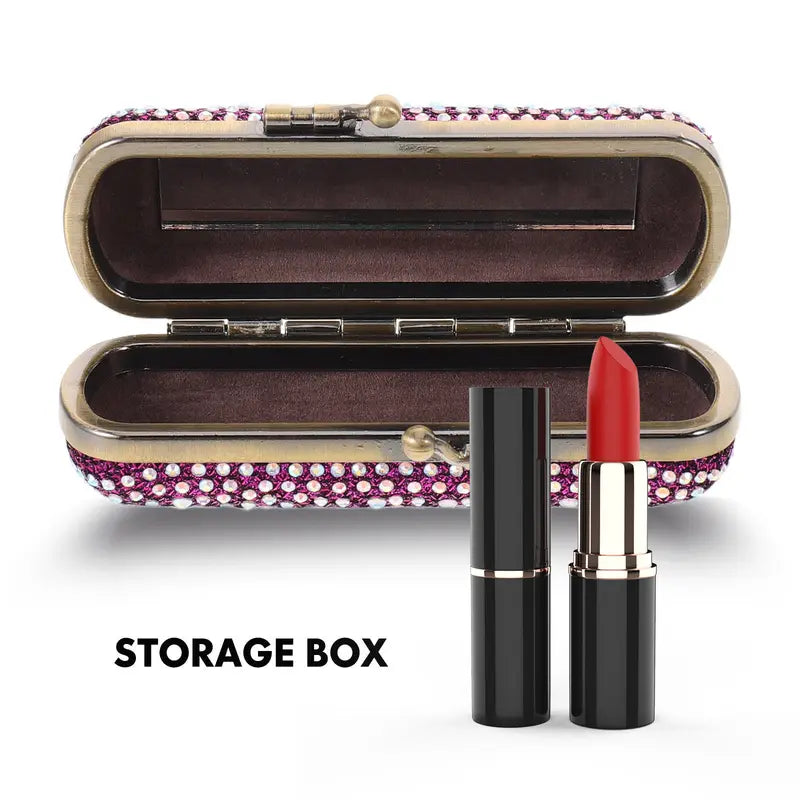 Rhinestone Lipstick Storage Case with Mirror Compact - Travel Makeup Organizer