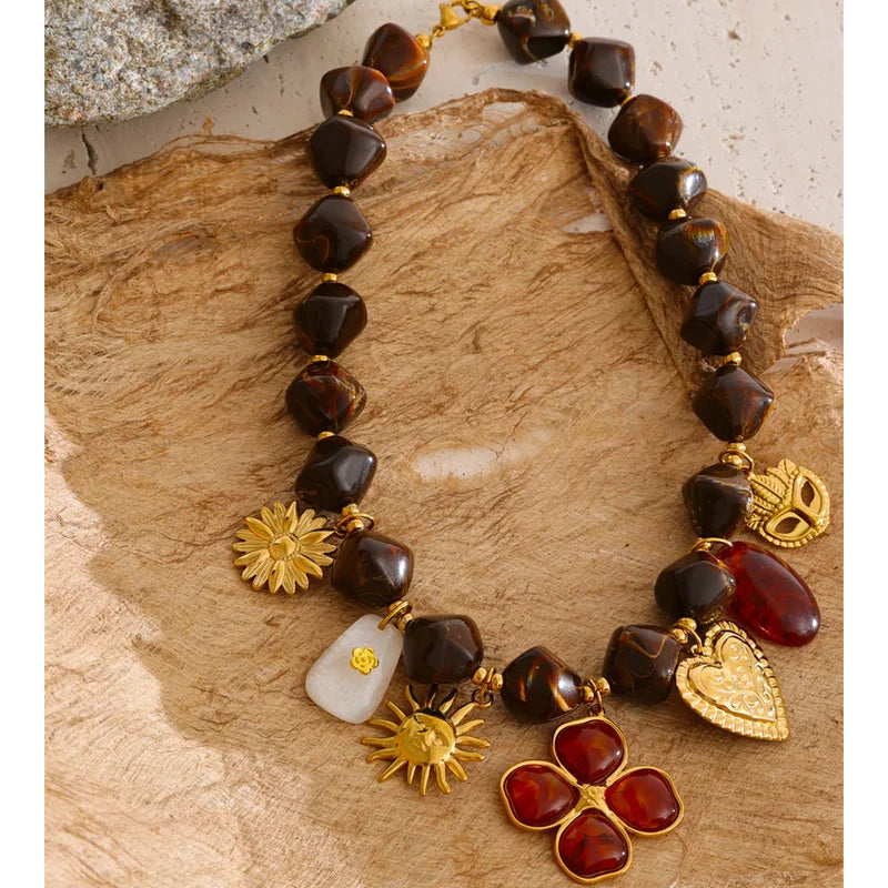 Handmade Resin Flower Heart Sun Pendant Necklace - Waterproof Stainless Steel Chain