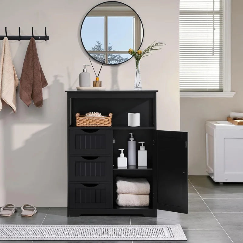 Freestanding Bathroom Storage Cabinet with Drawers & Adjustable Shelf - Black