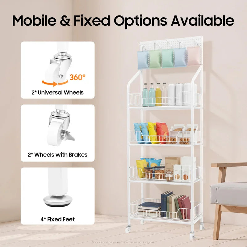 4-Tier Metal Retail Display Rack with Hooks and Baskets - White, Adjustable Heavy Duty Storage Shelf for Store & Supermarket