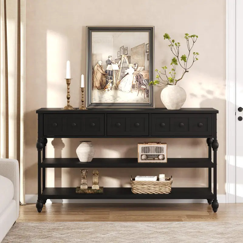 52-Inch Narrow Console Table with 3 Drawers & 2 Shelves - Farmhouse Industrial Entryway Sofa Table