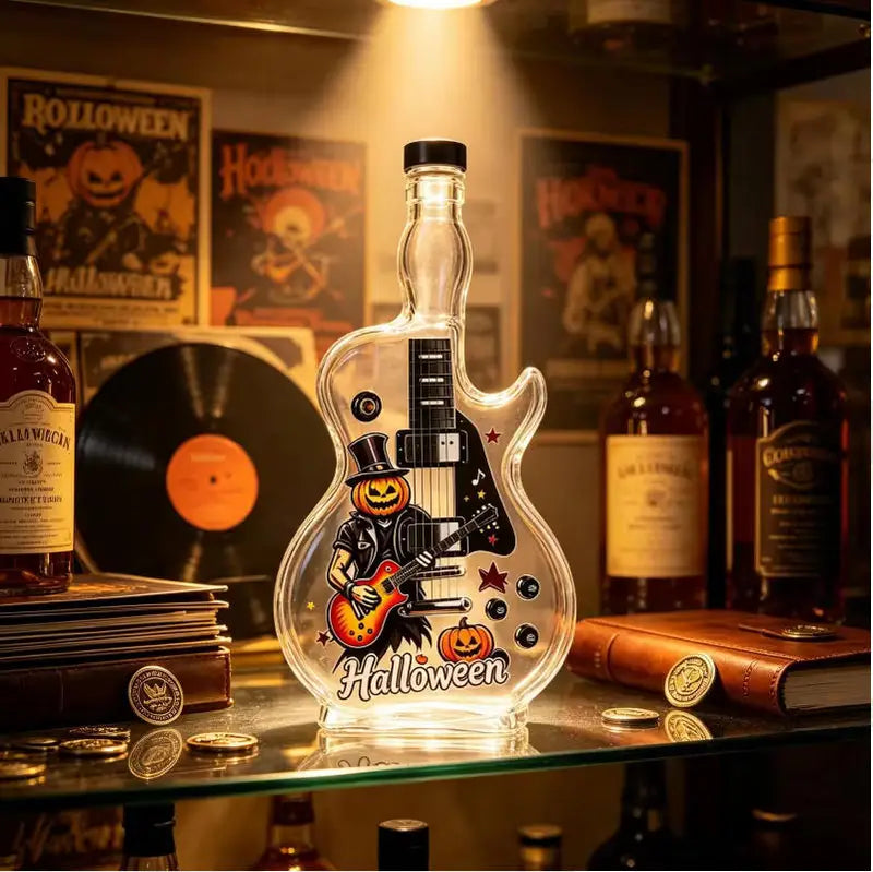 Halloween Guitar Shaped Whiskey Decanter with Pumpkin Print - Lead-Free Crystal Liquor Bottle, Home Bar Decor