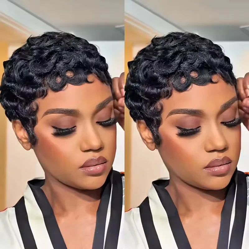 Women's Short Curly Pixie Wig with Bangs - Natural Black, 250% Density