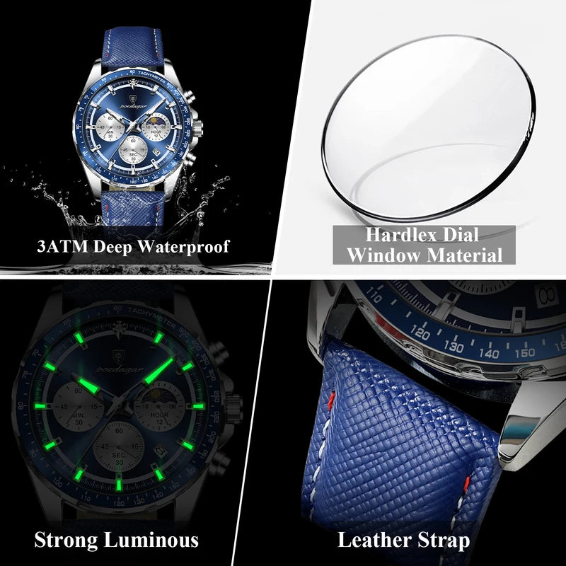 Men's Waterproof Luminous Chronograph Sport Wristwatch with Leather Strap
